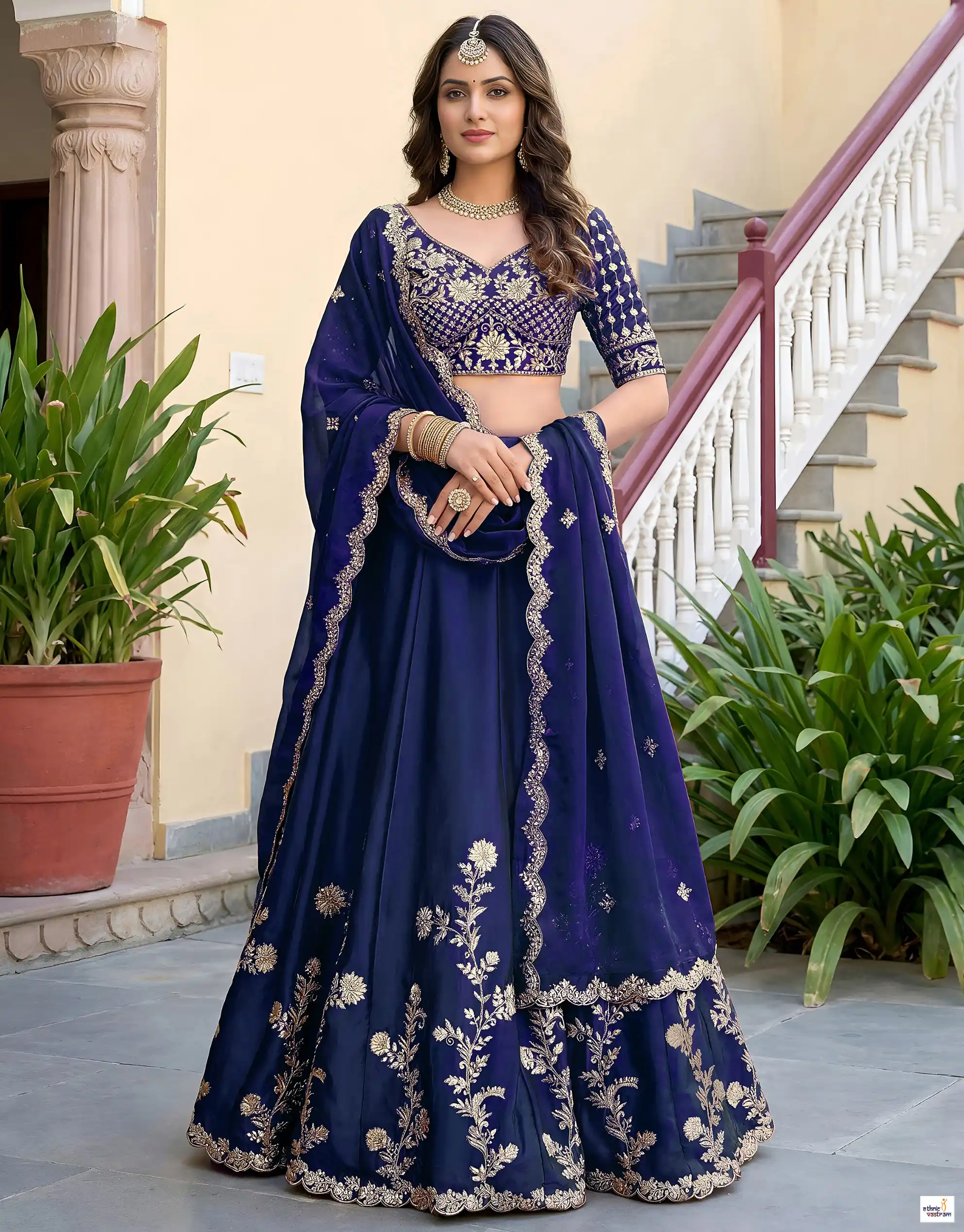 Royal Blue Rangoli Silk A-Line Embroidered Lehenga