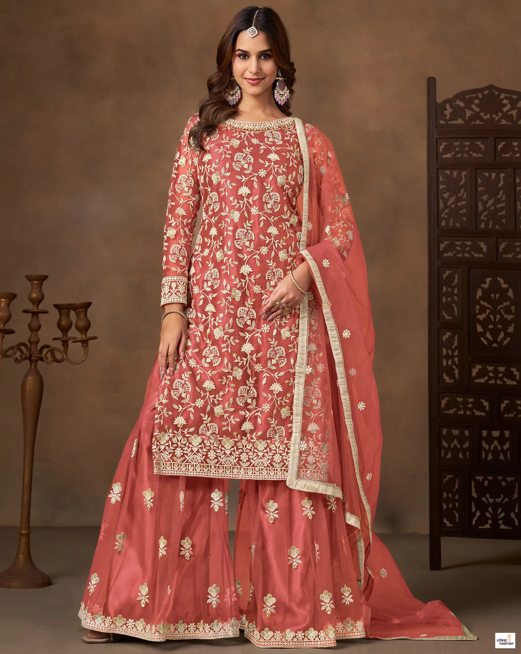 Rust Peach Embroidered Net Traditional Sharara Suit