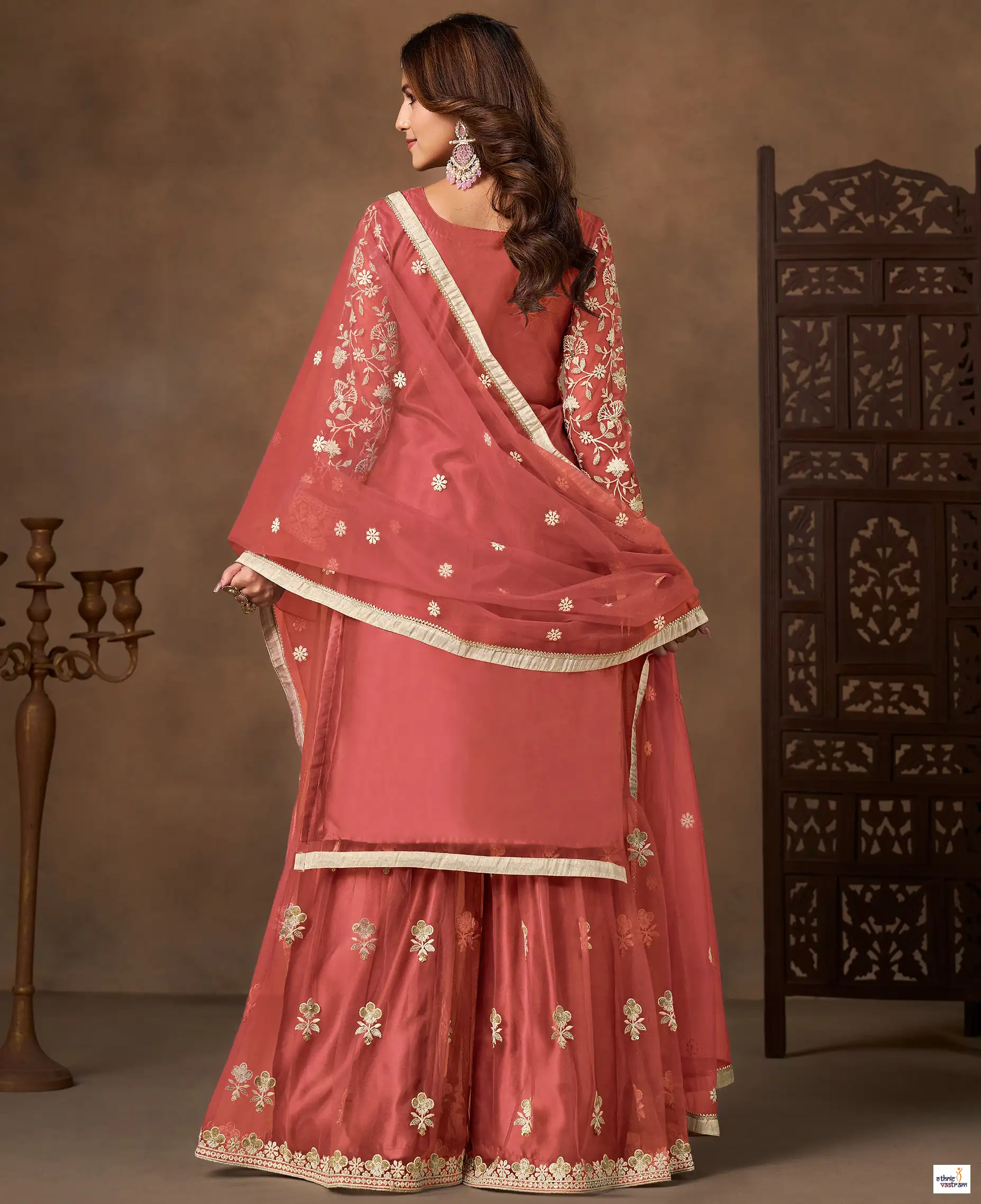 Rust Peach Embroidered Net Traditional Sharara Suit - Image 2