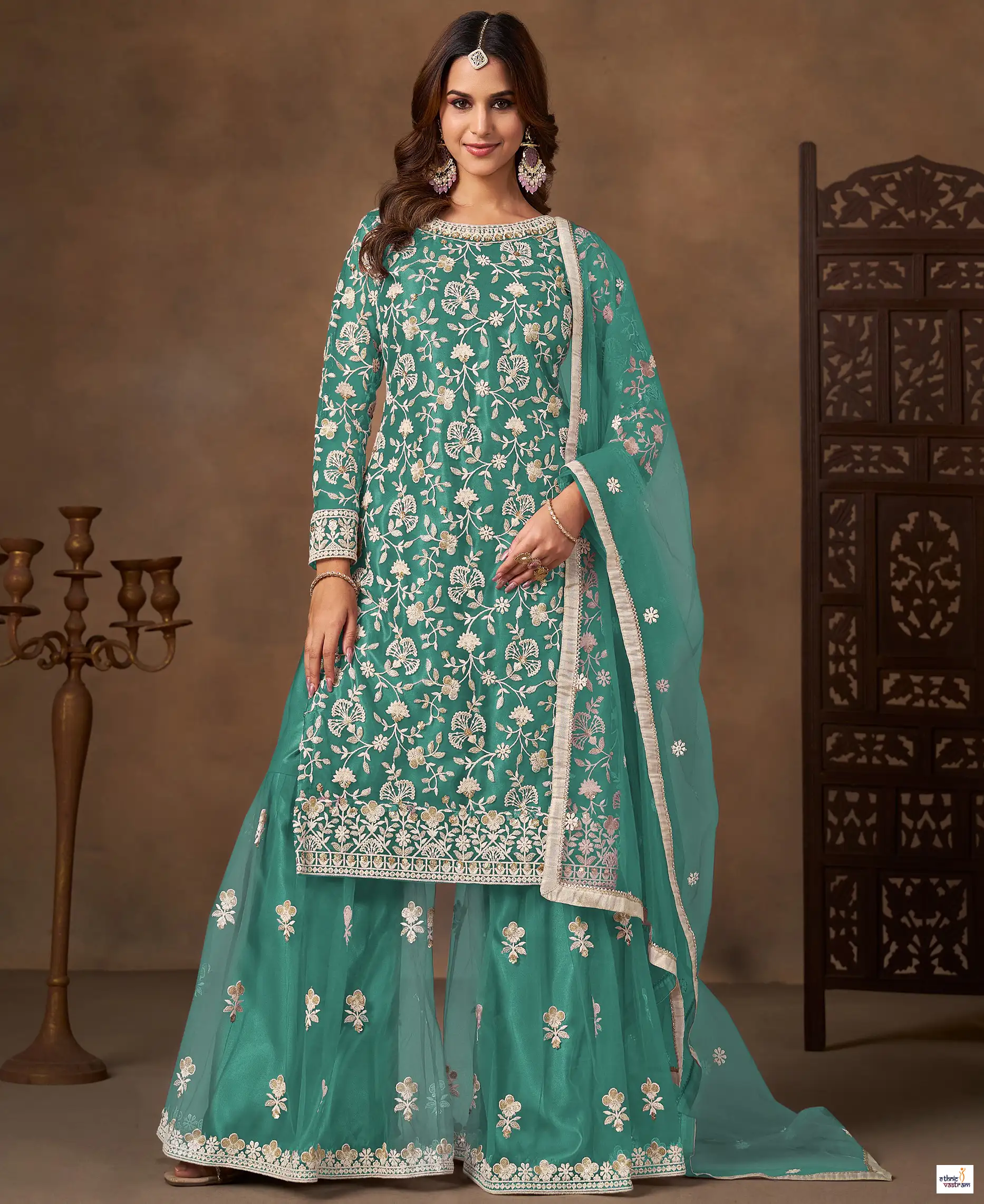 Sea Green Embroidered Net Semi Stitched Sharara Suit