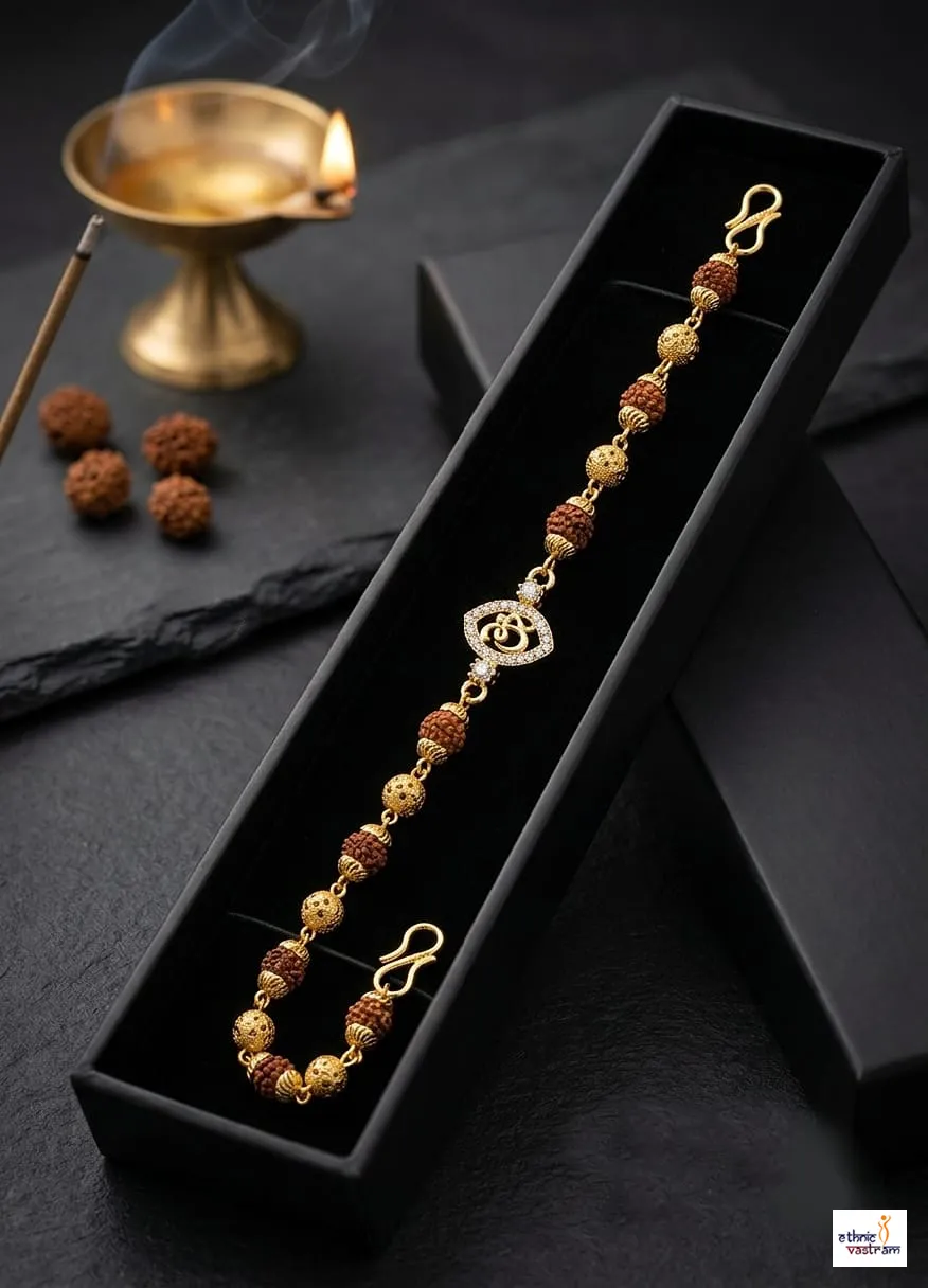 Spiritual Om Gold Plated Rudraksha Bead Bracelet Rakhi