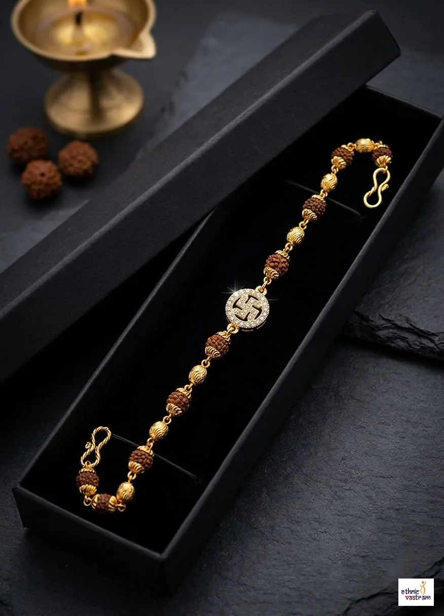 Spiritual Swastika Gold Plated Rudraksha Rakshabandhan Rakhi