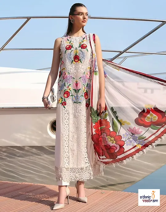 White Cambric Cotton Embroidered Semi Stitched Suit