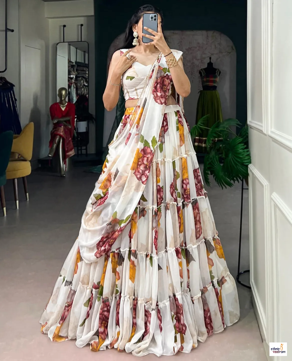 White Chiffon Floral Print Ruffle Ethnic Party Wear Lehenga
