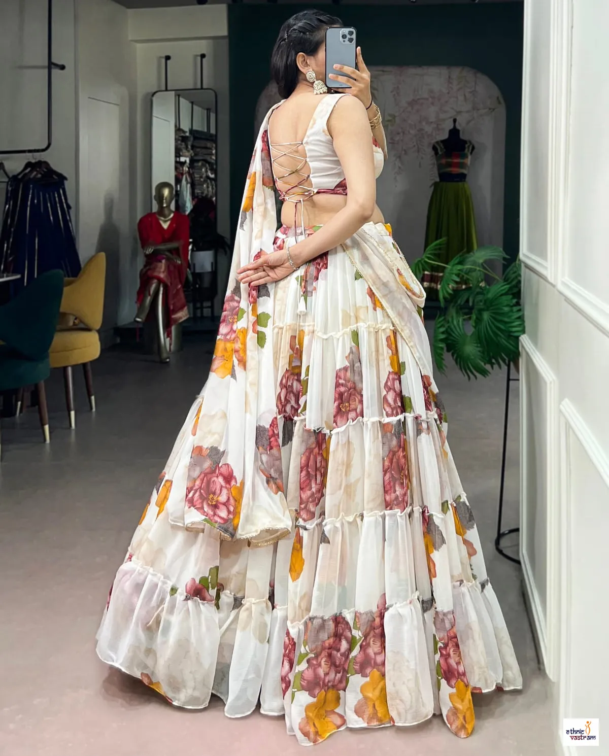 White Chiffon Floral Print Ruffle Ethnic Party Wear Lehenga - Image 2