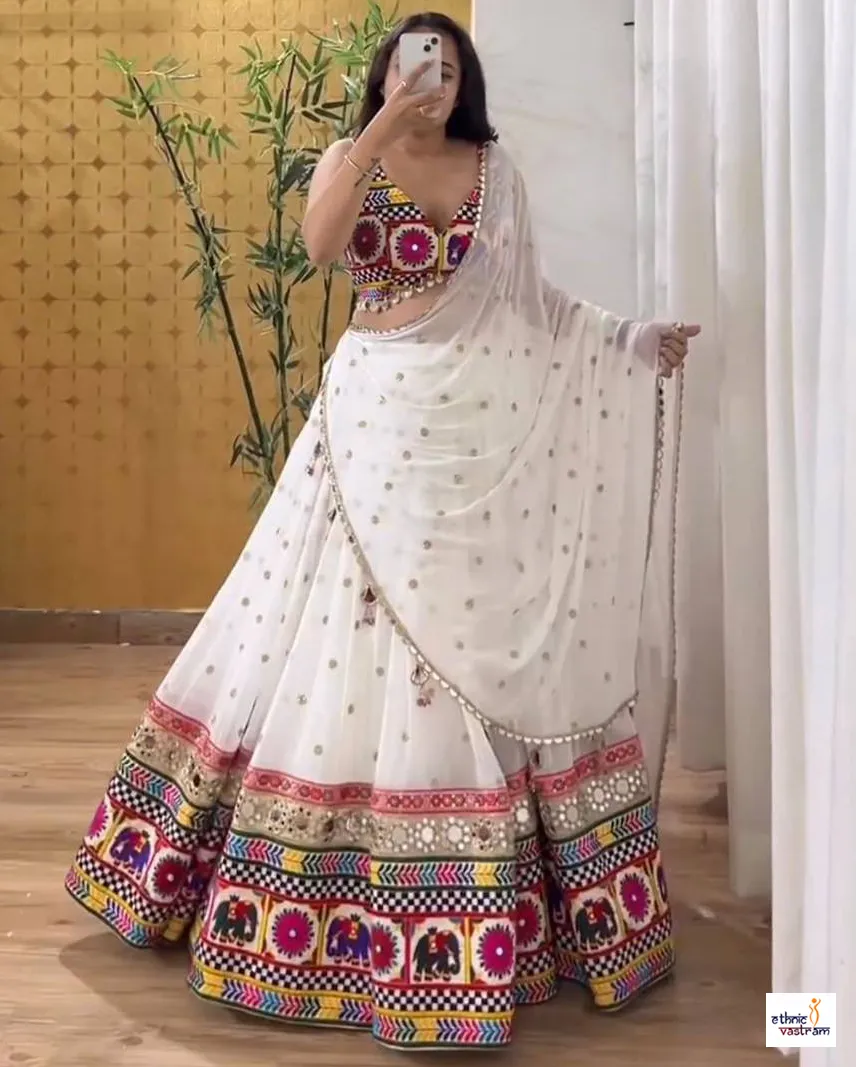White Faux Georgette Mirror Embroidered Navratri Lehenga Choli
