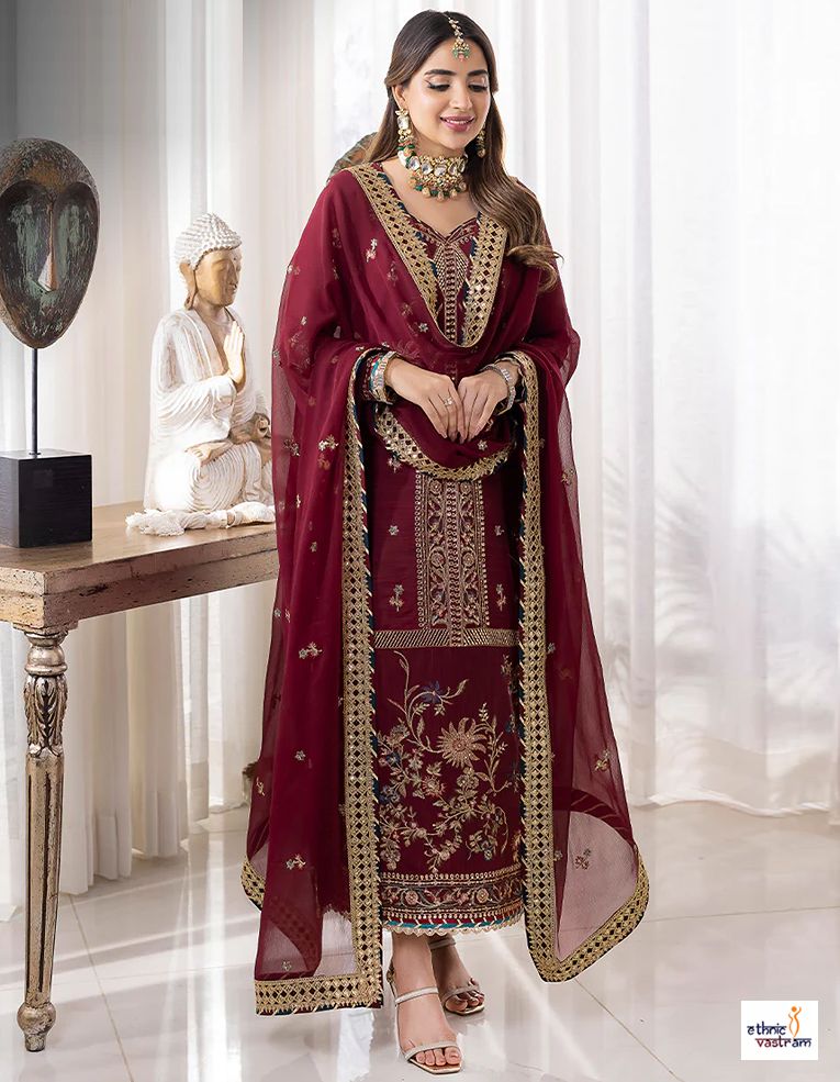 Wine Faux Georgette Embroidered Festival Pakistani Salwar Kameez Suit