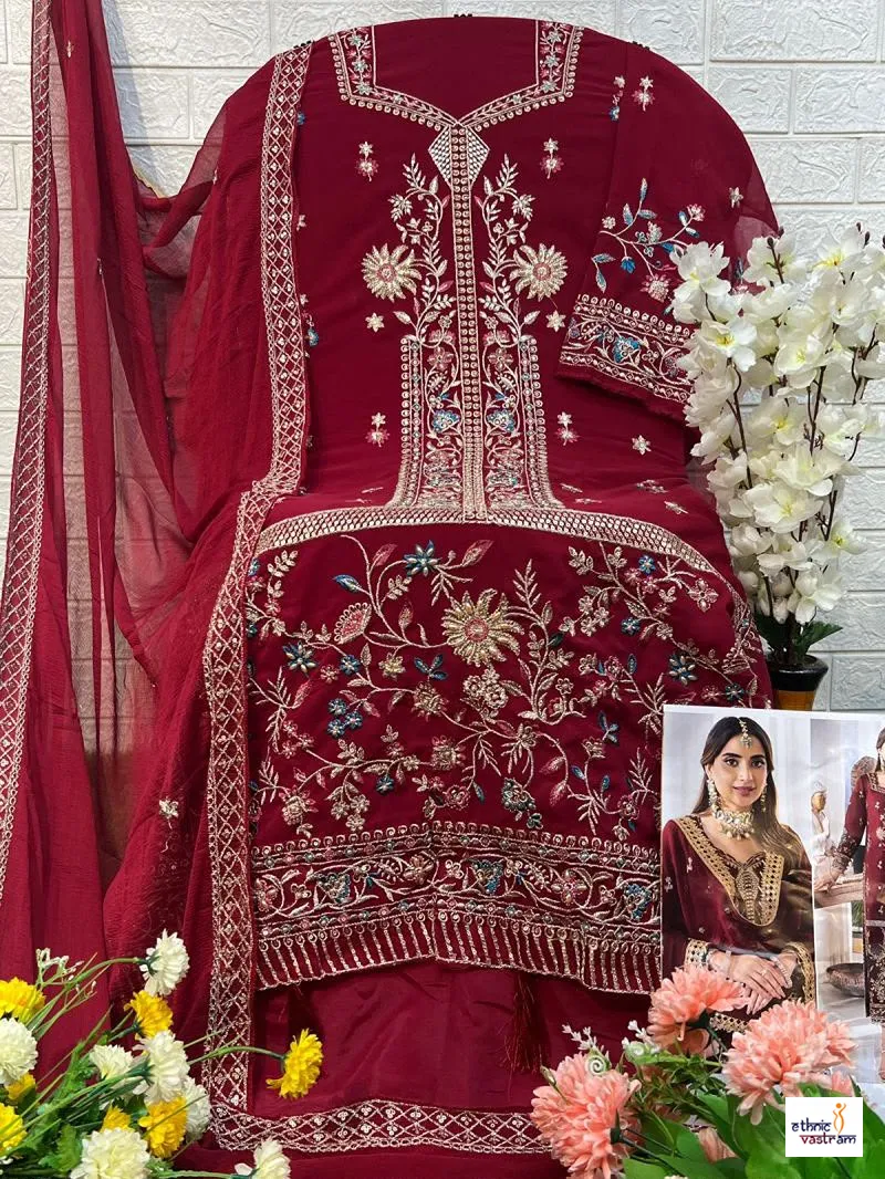 Wine Faux Georgette Embroidered Festival Pakistani Salwar Kameez Suit - Image 2