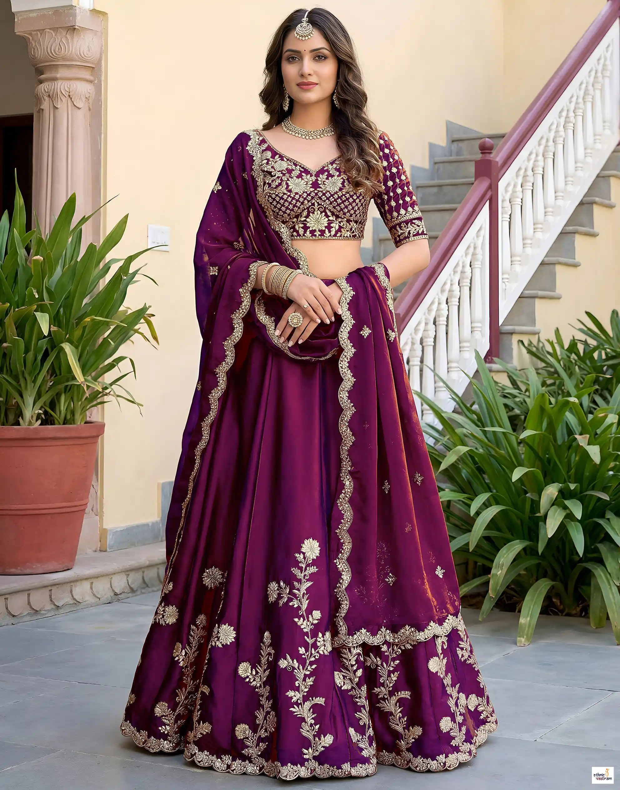 Wine Rangoli Silk A-Line Embroidered Lehenga