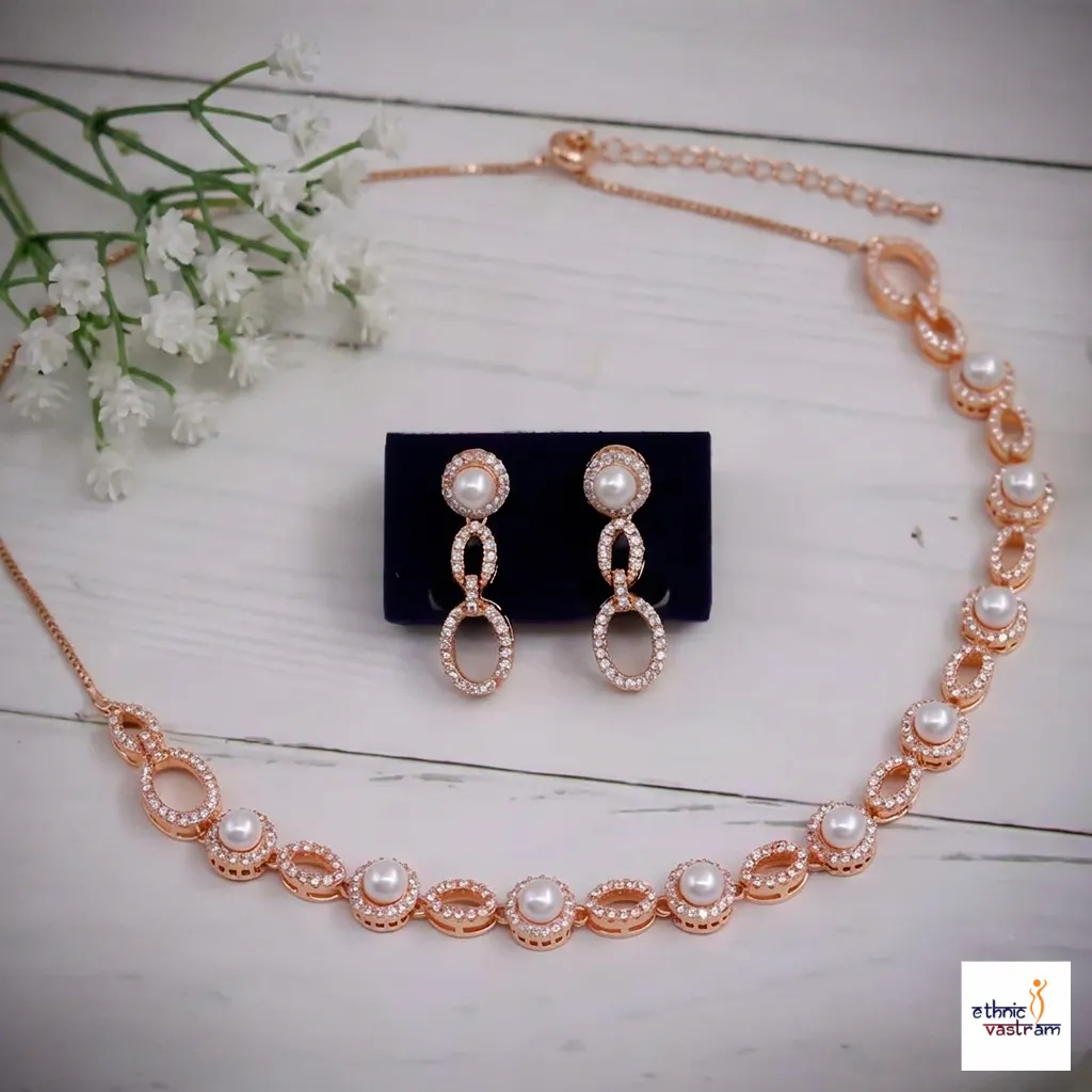 Women's Ethnic Bridal Zircon Choker Jewelry with Matching Leaf-Drop Earrings