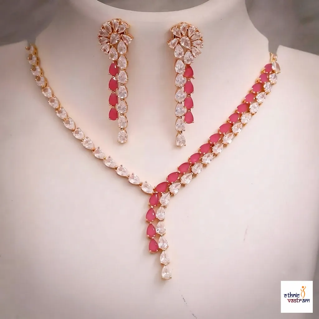 Women's Ethnic Light Pink Zircon Pendant Choker