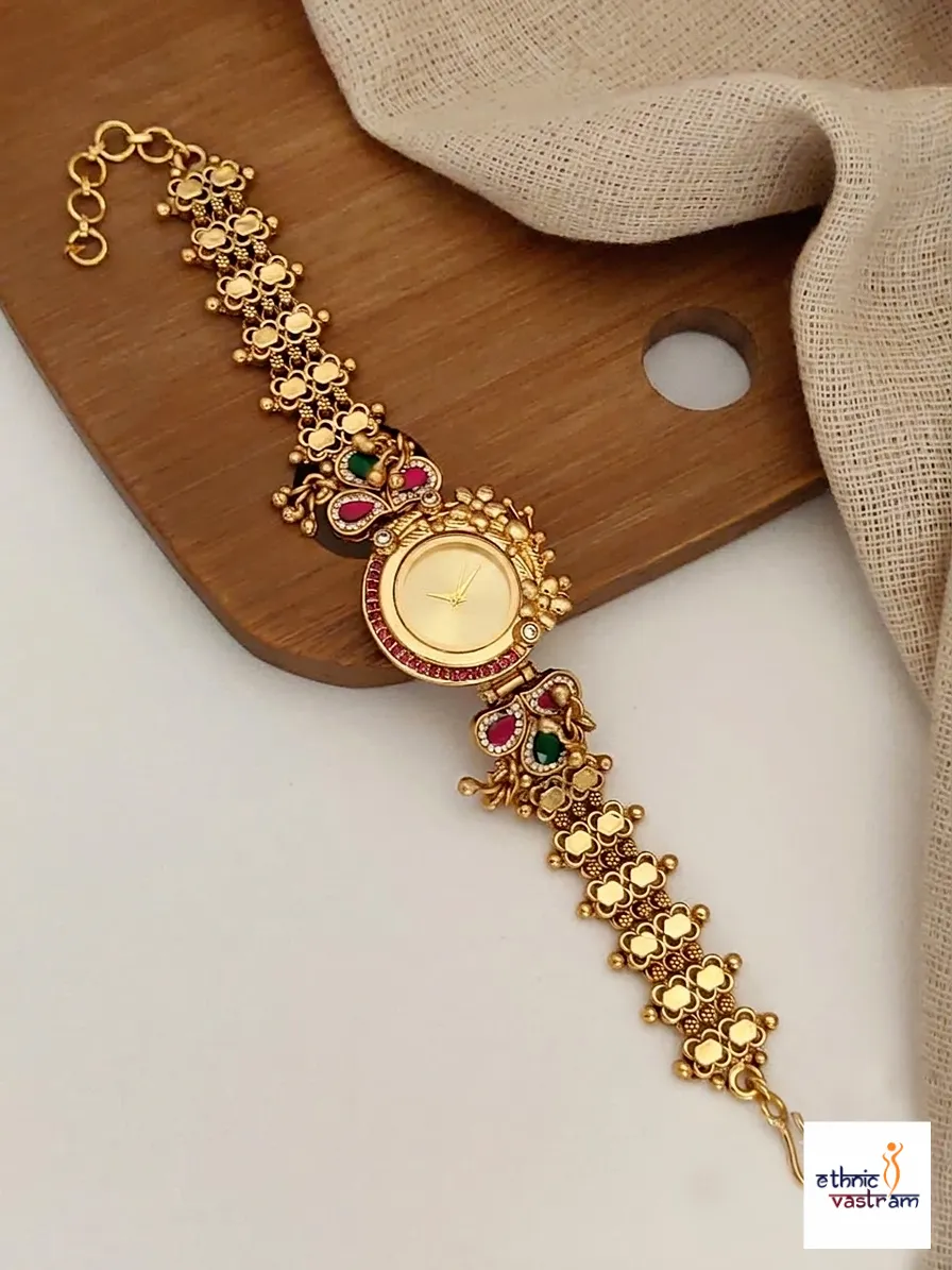 Women's Traditional Jewelry Wristwatch with Red and Green Enamel Accents