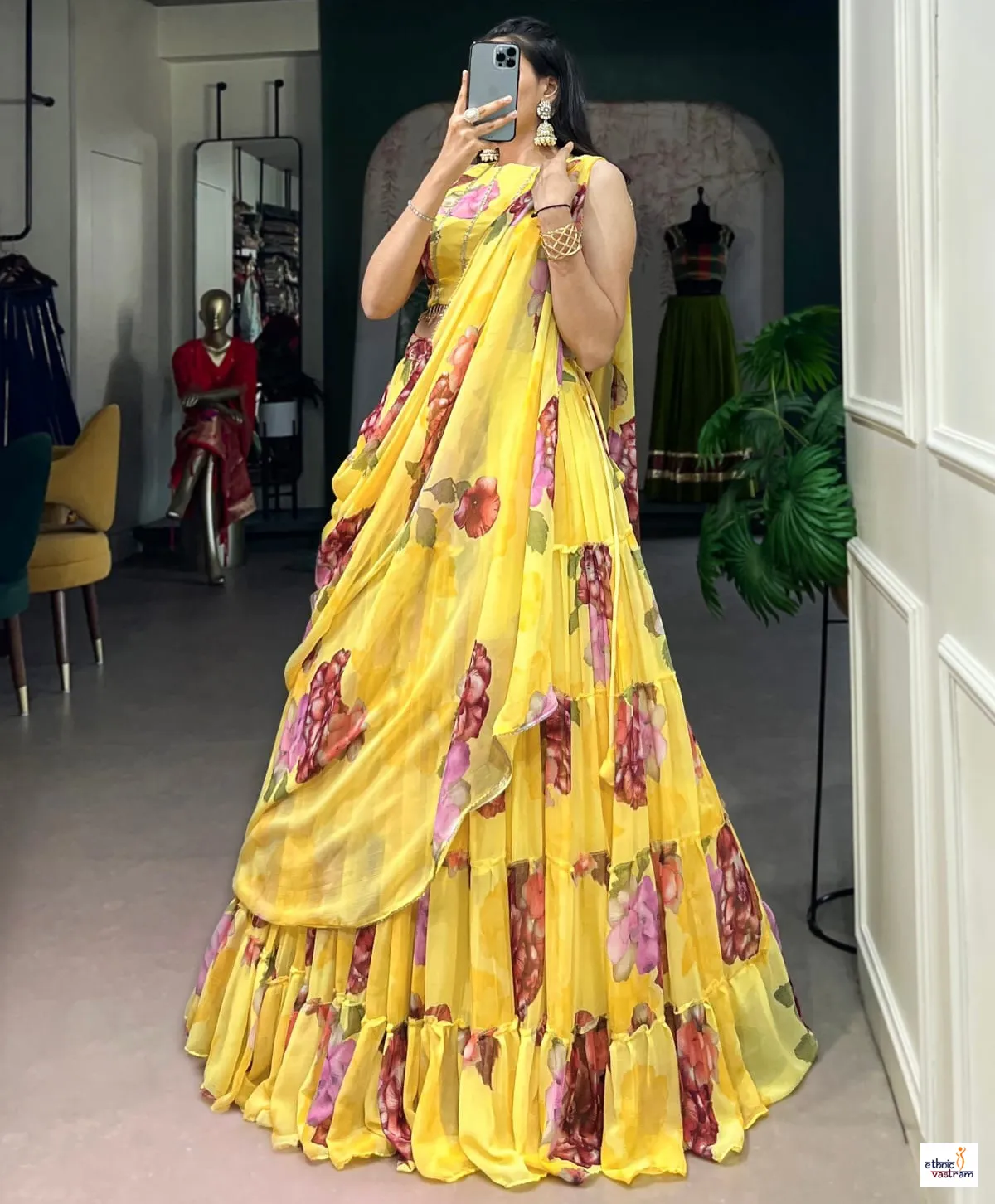 Yellow Chiffon Floral Print Ruffle Ethnic Party Wear Lehenga