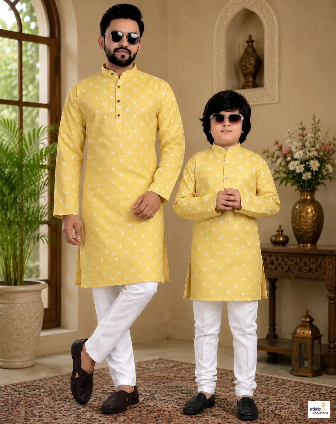 Yellow Cotton Crochet Work Father Son Matching Kurta Pajama
