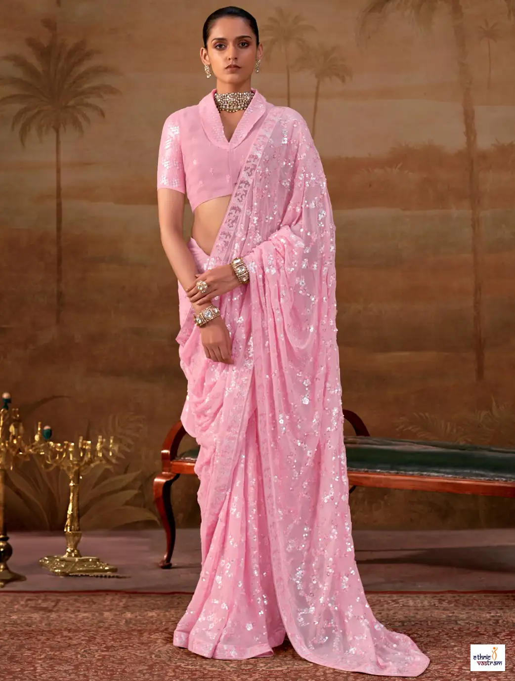 Baby Pink Sequin Embroidered Georgette Designer Saree