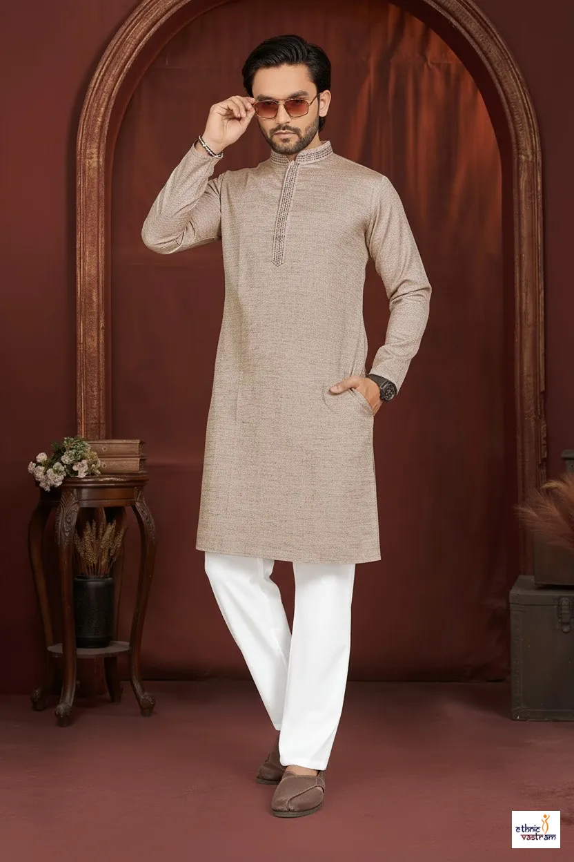 Beige Linen Cotton Men Kurta Pajama Set