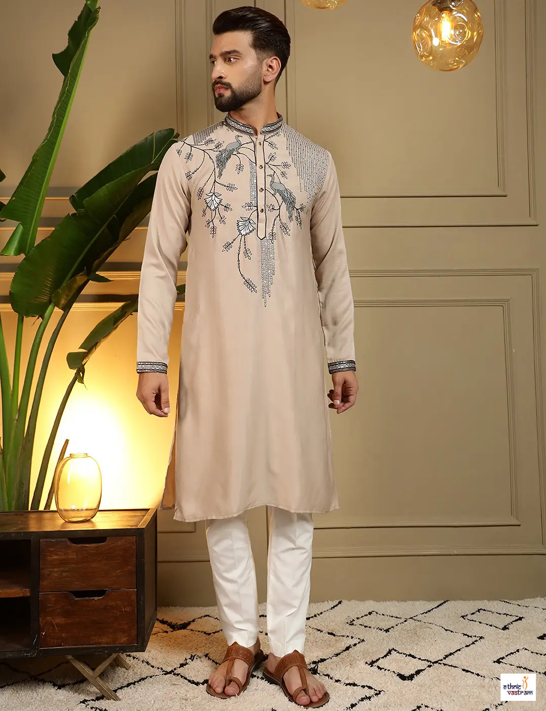 Beige Viscose Silk Embroidered Kurta Pajama Set For Men