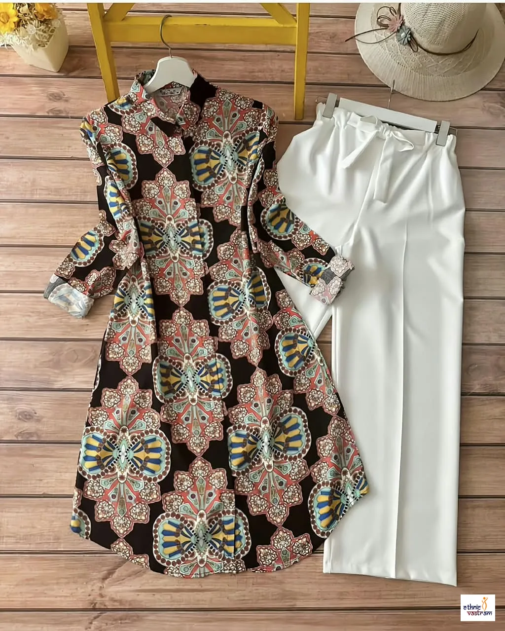 Black Digital Print Rayon Kurti Set With White Palazzo
