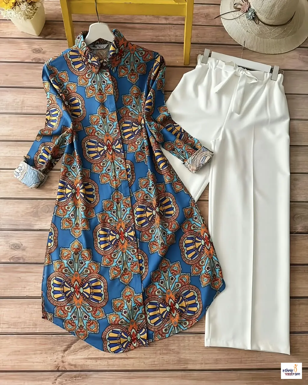 Blue Digital Print Rayon Kurti Set With White Palazzo