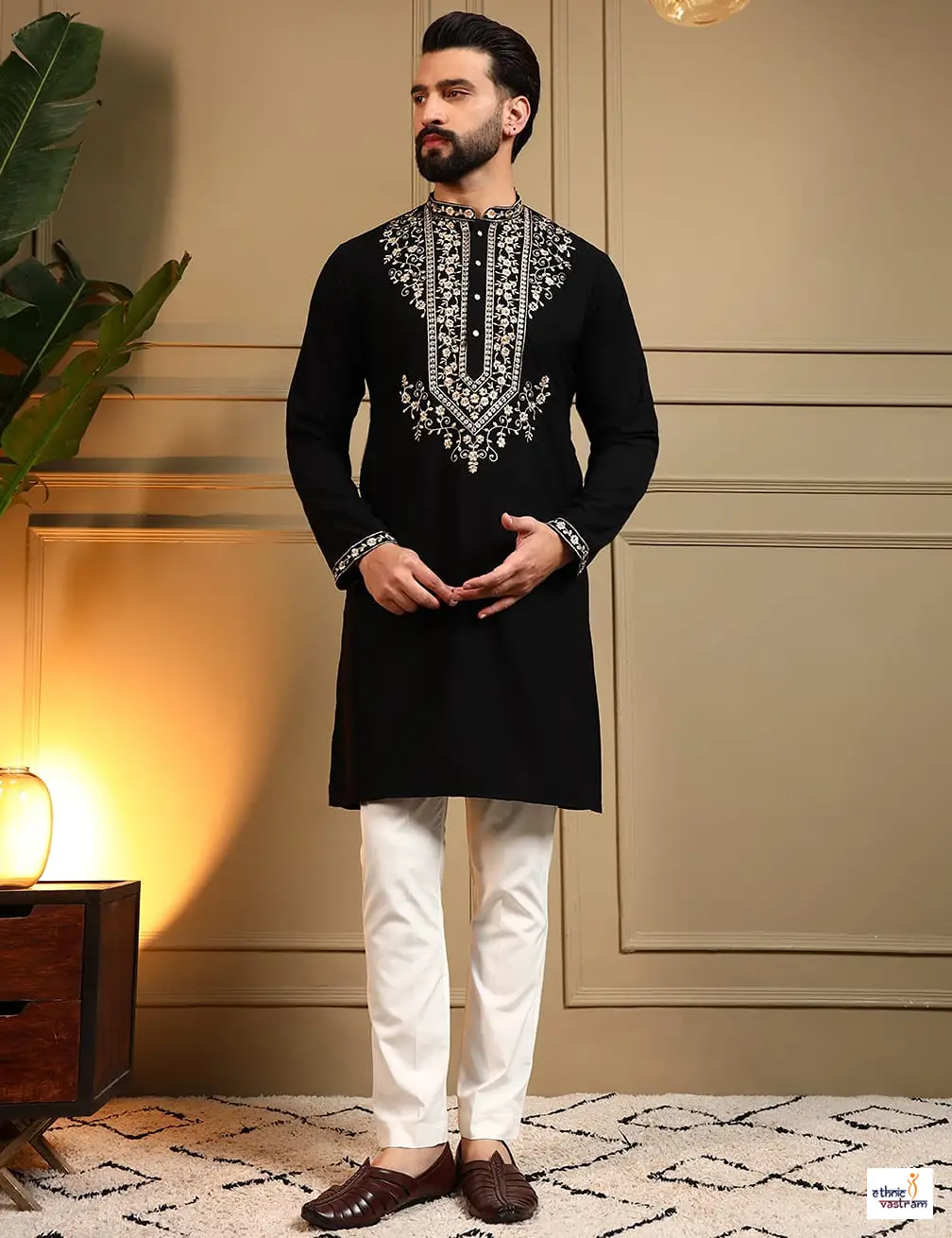 Bold Black Armani Silk Embroidered Kurta Set