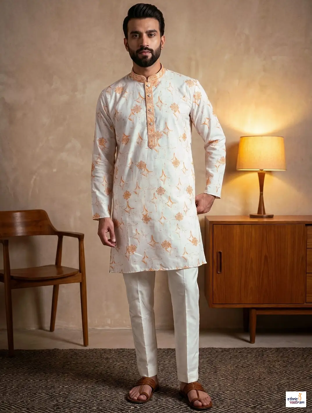Charming Peach Cotton Printed Kurta Set For Men