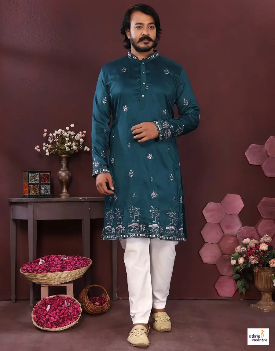 Designer Embroidered Teal Silk Kurta Set For Men