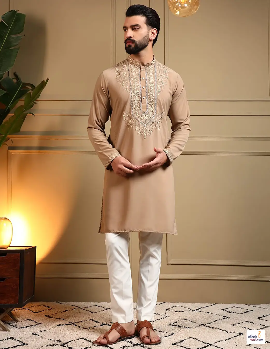 Elegant Beige Armani Silk Kurta Set For Men