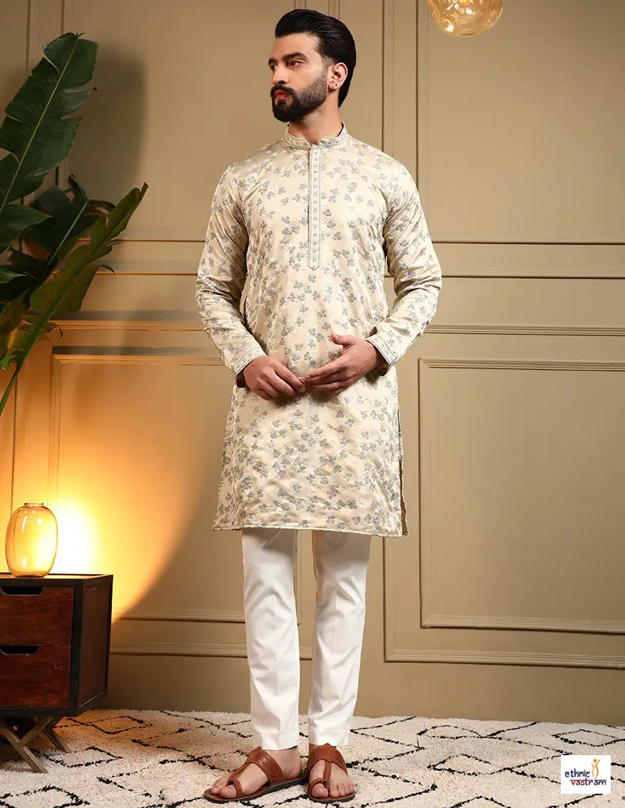 Elegant Cream Royal Silk Embroidered Kurta Pajama For Men