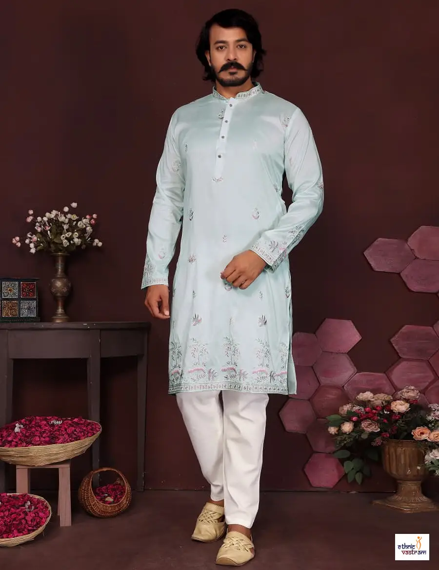 Elegant Sea Green Silk Kurta Pajama For Men