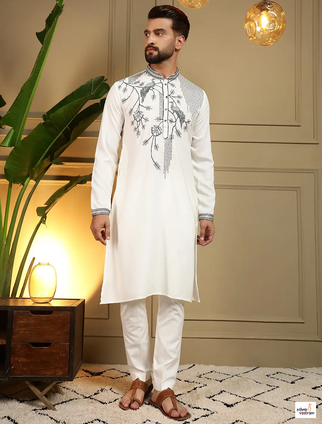 Elegant White Viscose Silk Men Kurta Pajama
