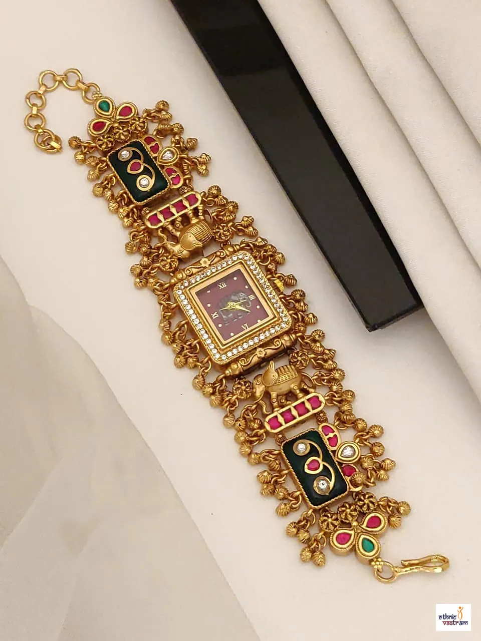 Emerald Green Meenakari Kundan Jewelry Watch