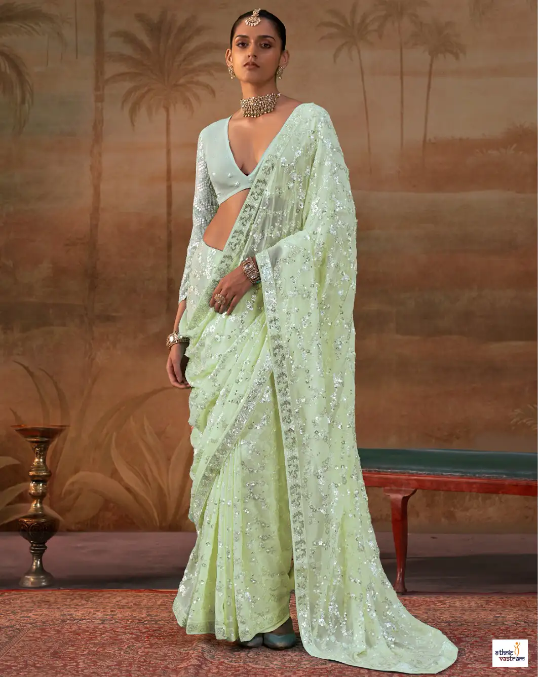 Glamorous Pistachio Green Sequin Embroidered Georgette Saree