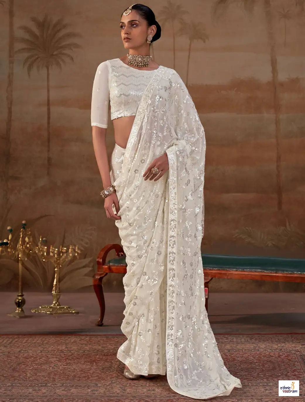 Graceful Off White Sequin Embroidered Georgette Saree