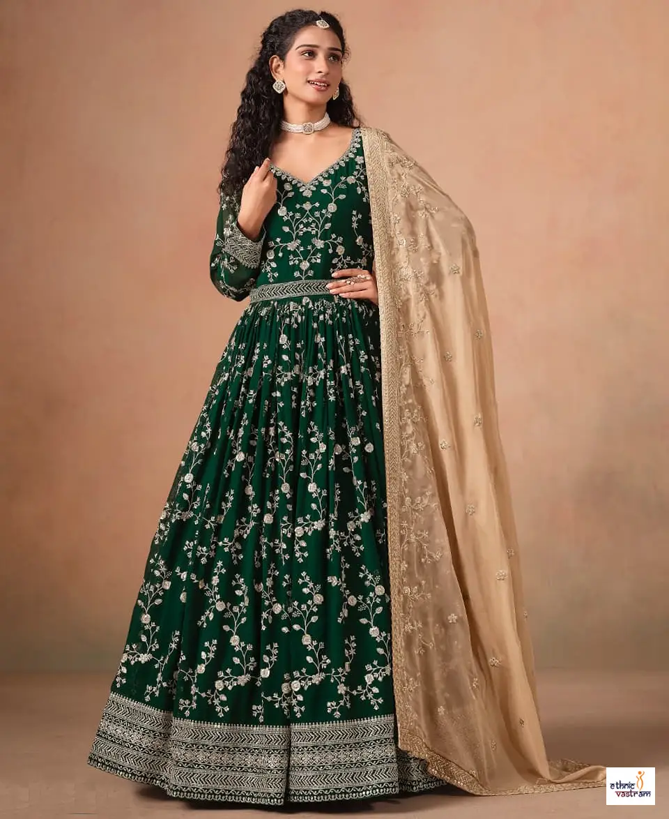 Green Faux Georgette Embroidered Anarkali Gown Set