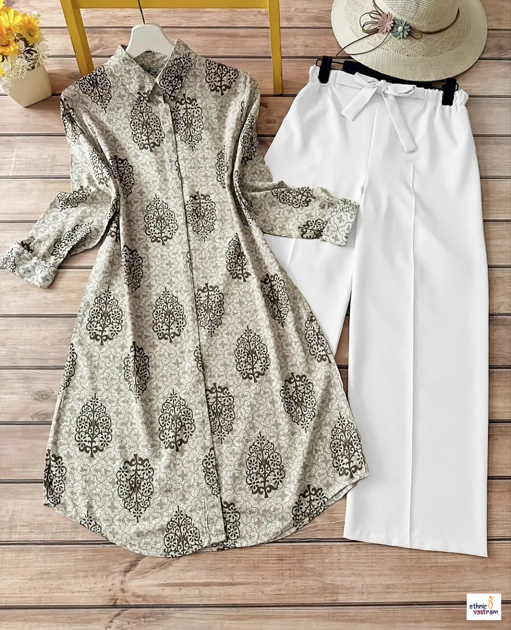 Grey Digital Print Rayon Kurti Set With White Palazzo