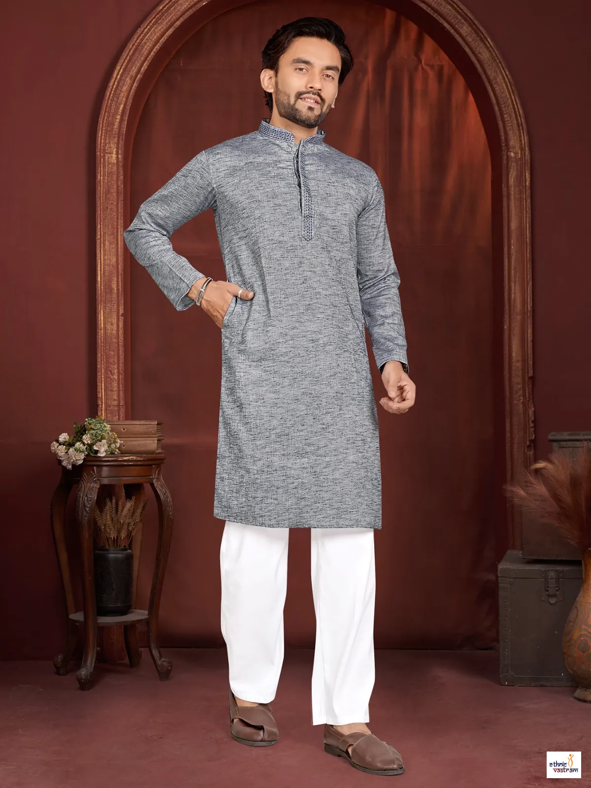 Grey Linen Cotton Men Kurta Pajama Set