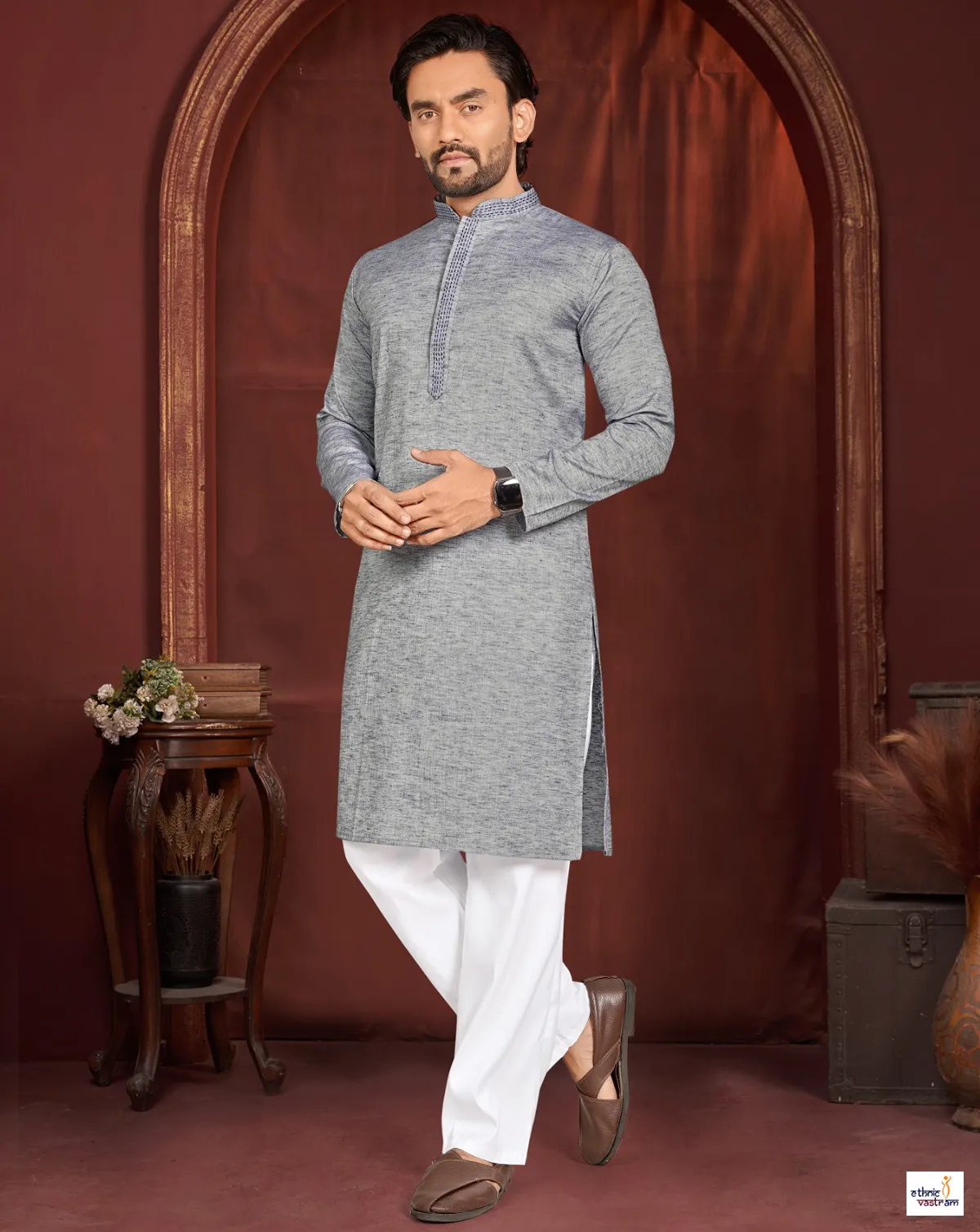 Grey Linen Cotton Solid Casual Men Kurta Pajama Set