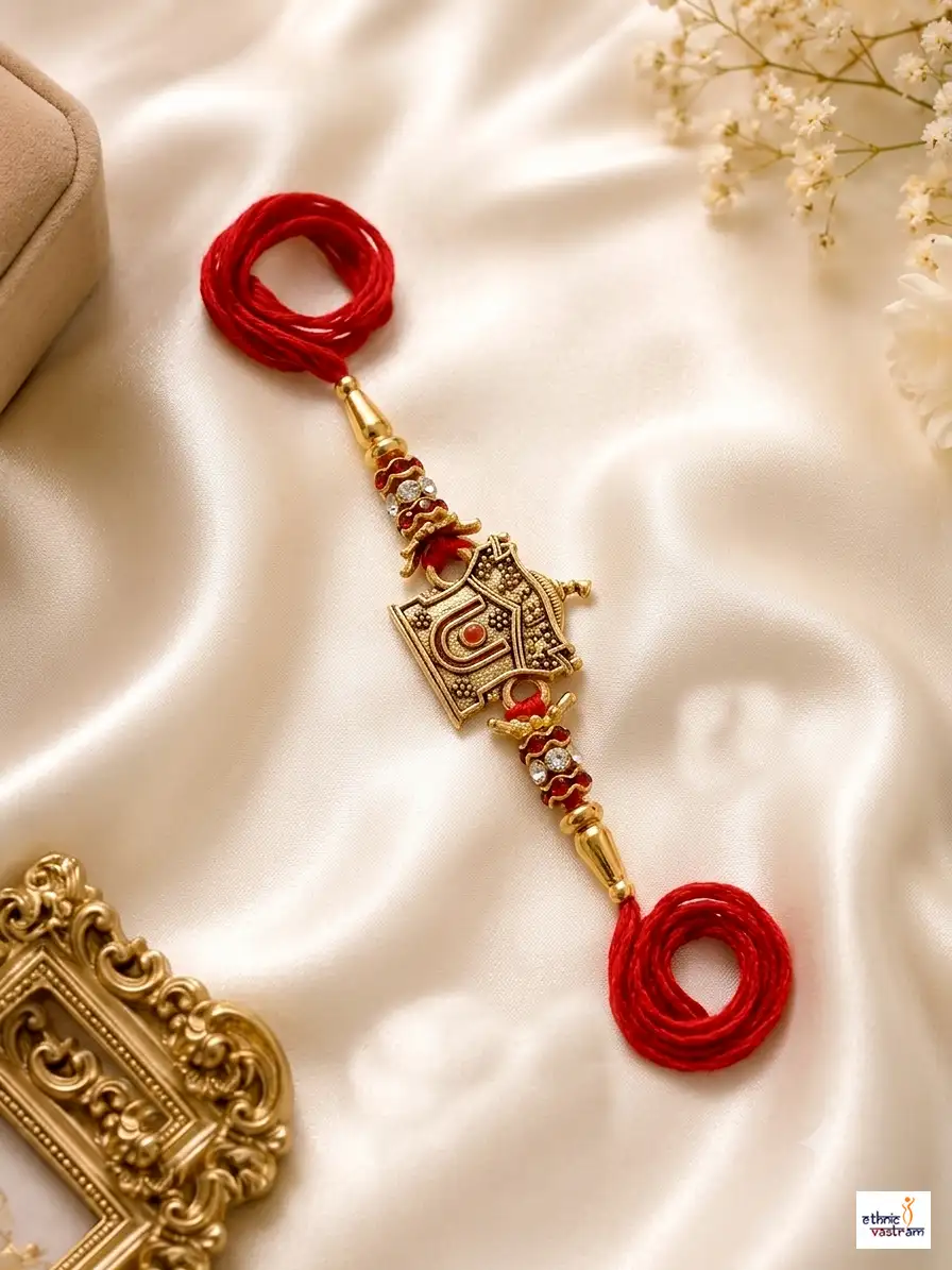 Handcrafted Antique Tilak Temple Rakhi with Red Thread