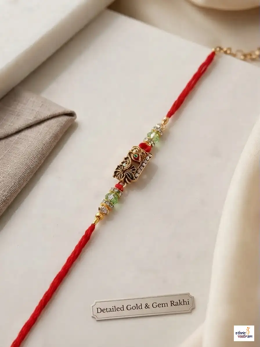 Handcrafted Detailed Gold Gem Ganesha Rakhi