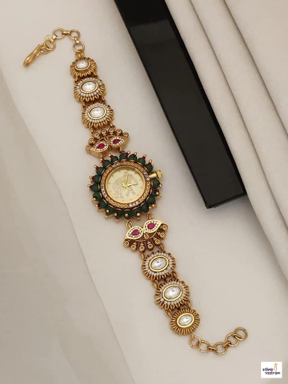 Handcrafted Elephant Kundan Polki Bracelet Watch