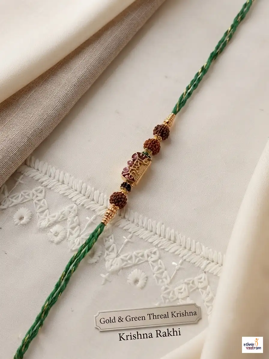 Handcrafted Gold Green Thread Krishna Rakhi