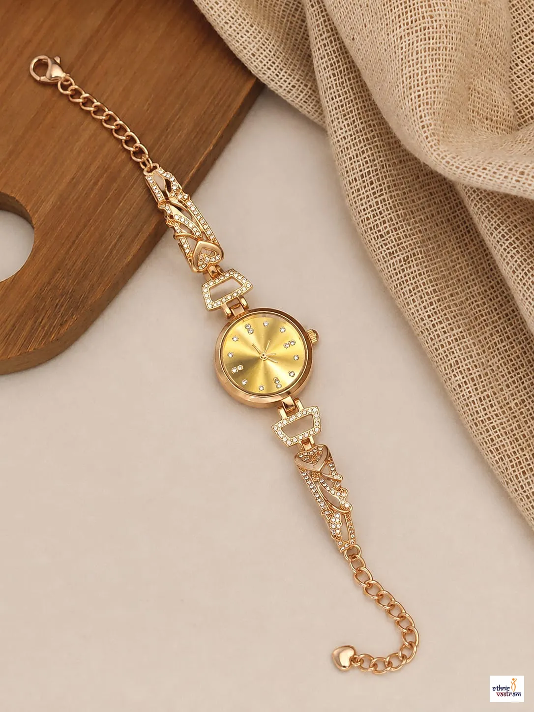 Handcrafted Gold Heart CZ Bracelet Watch for Women