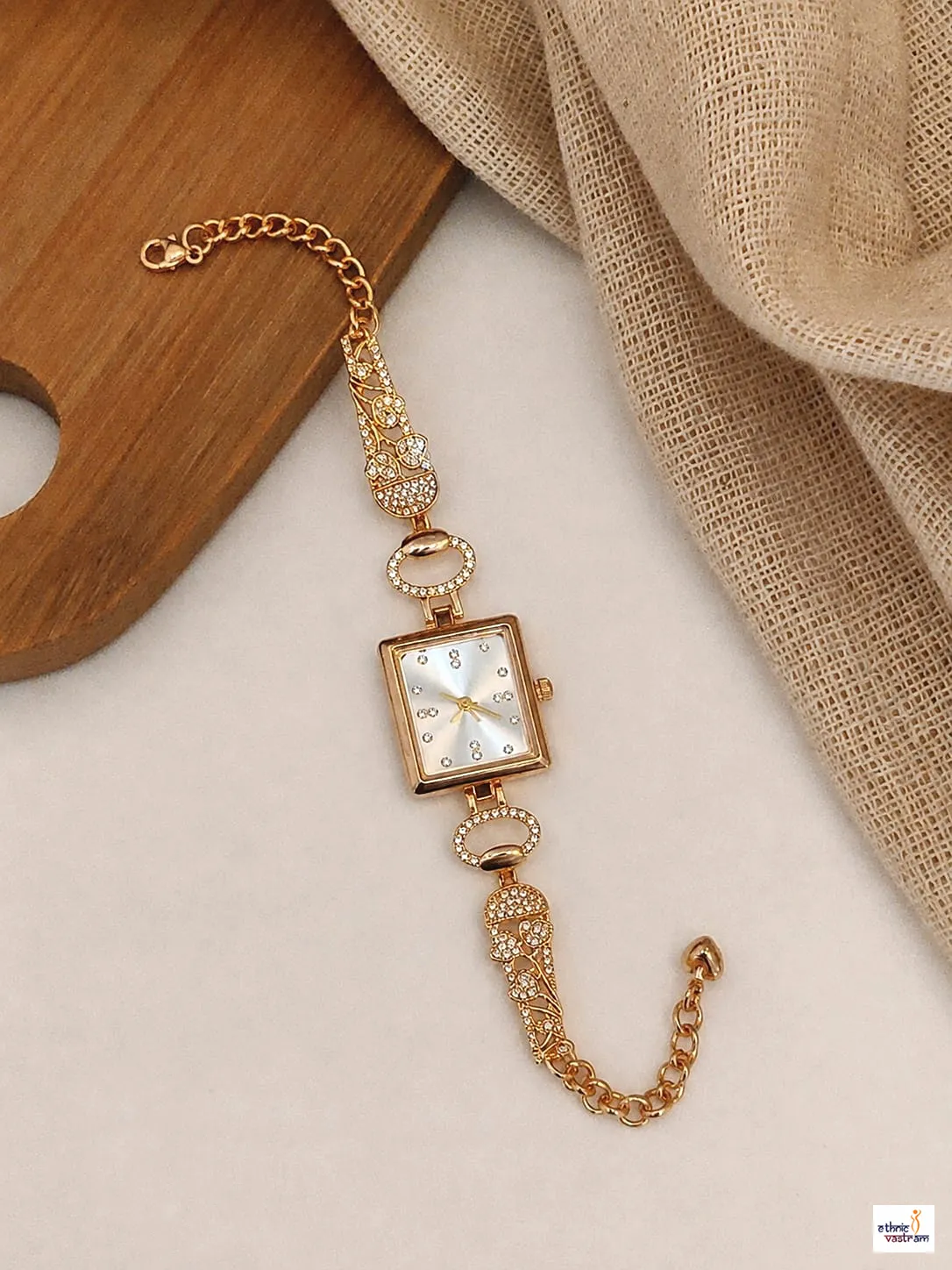 Handcrafted Gold Rectangular CZ Bracelet Watch for Women