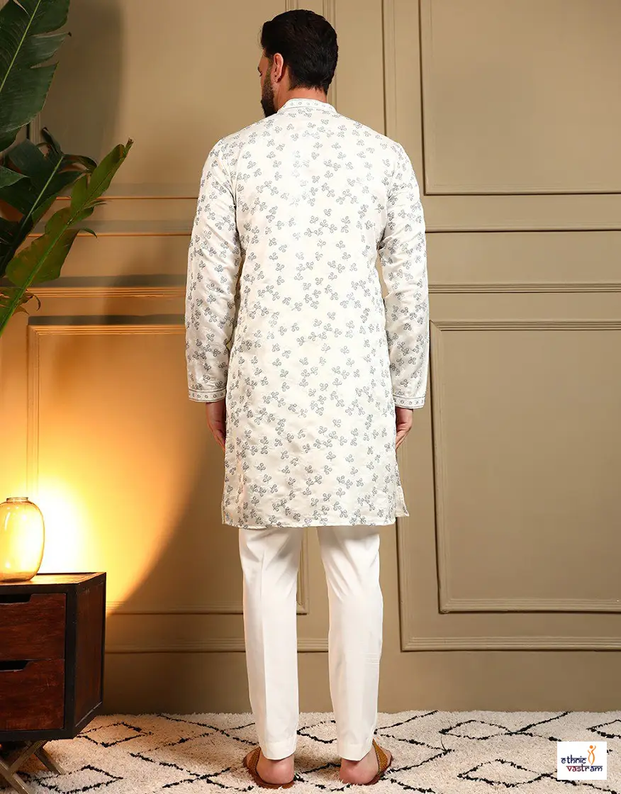Handcrafted Off White Royal Silk Kurta Pajama For Men - Image 2