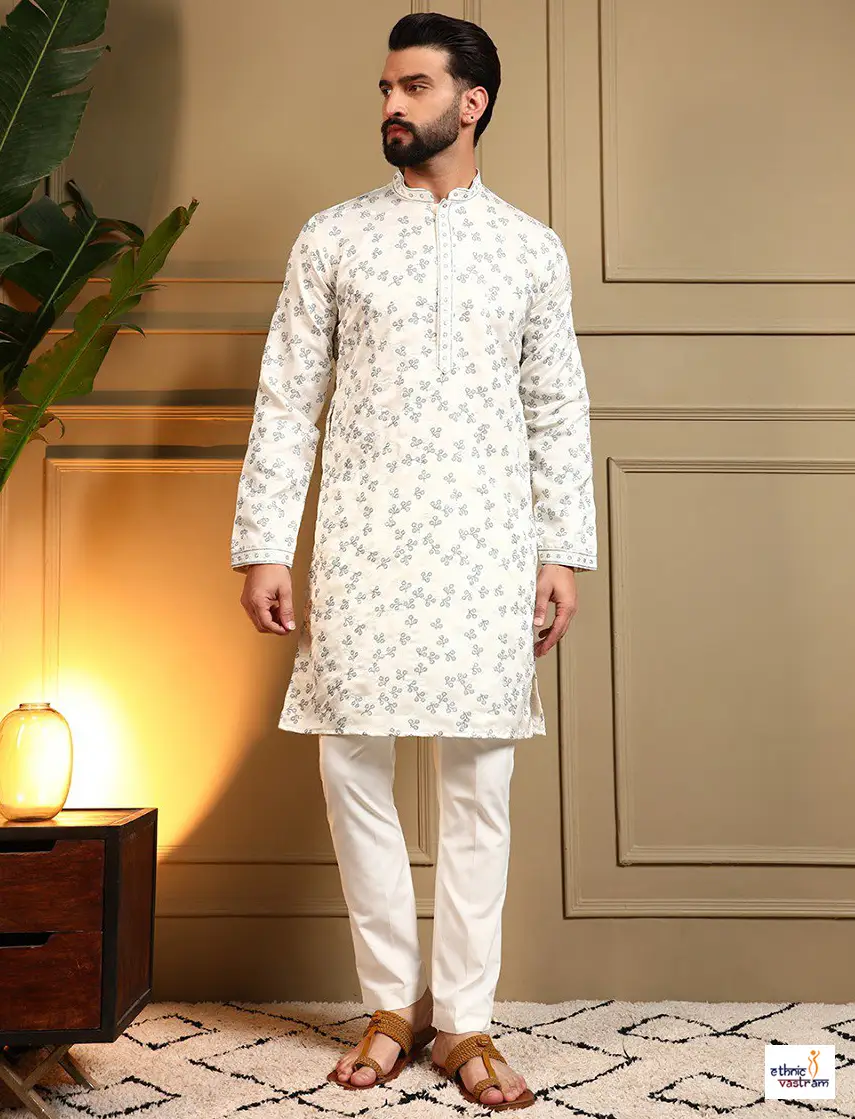 Handcrafted Off White Royal Silk Kurta Pajama For Men