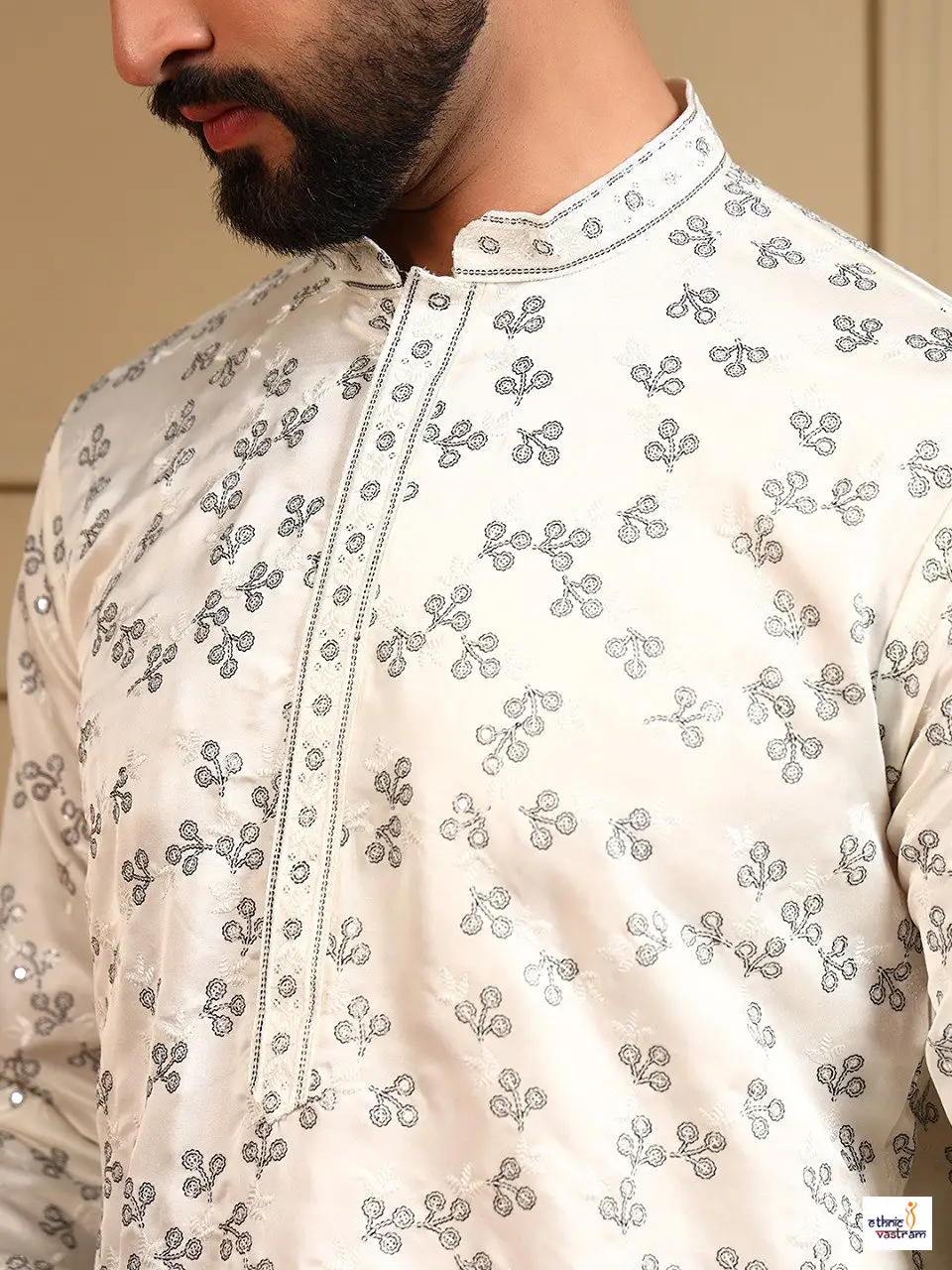 Handcrafted Off White Royal Silk Kurta Pajama For Men - Image 3