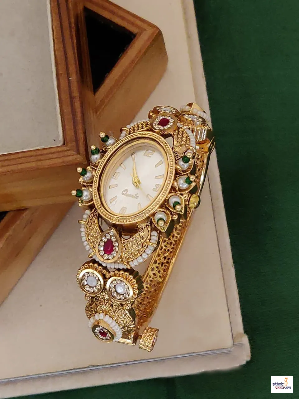 Handcrafted Oval Kundan Kada Bracelet Watch