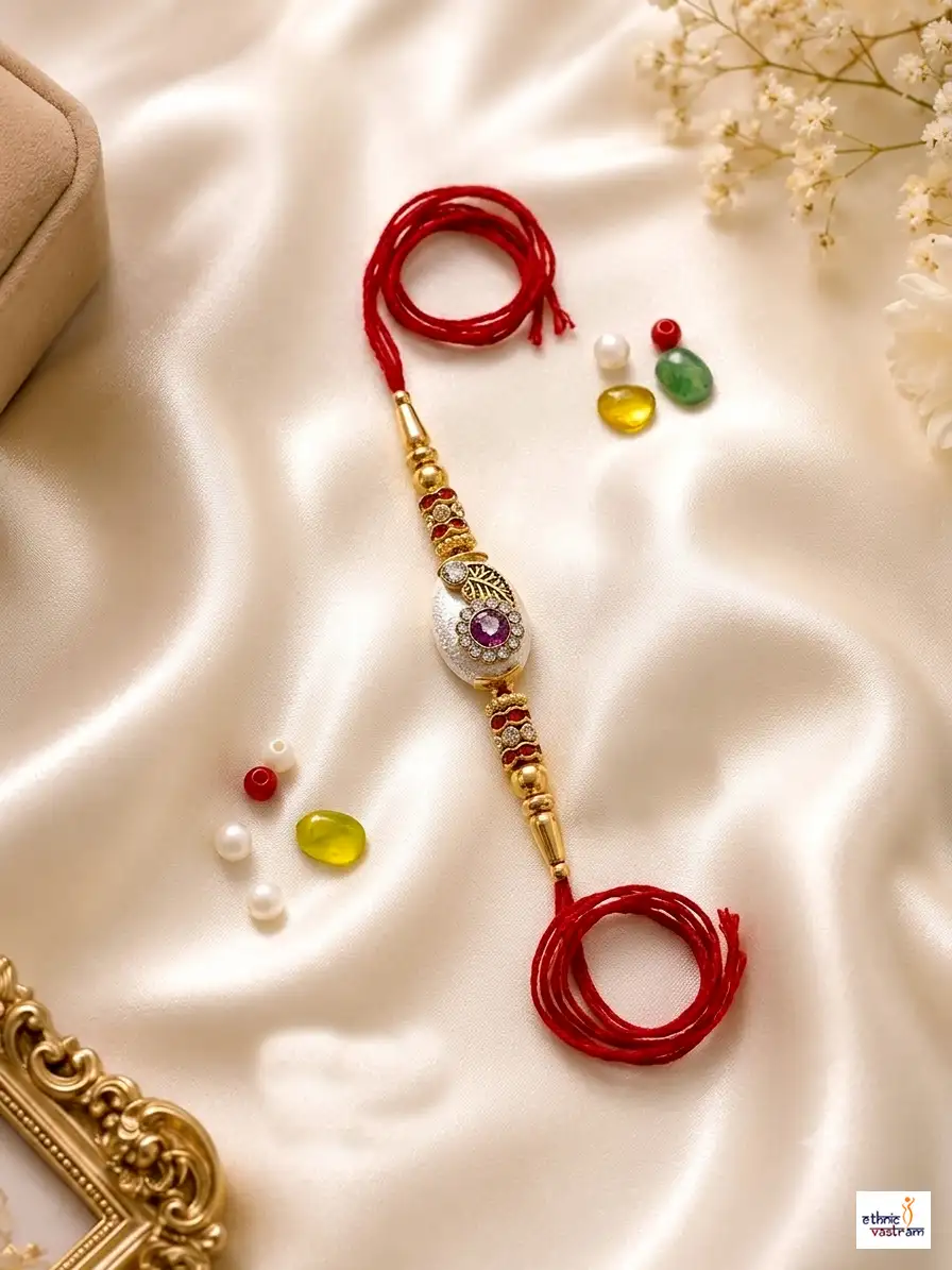 Handcrafted Purple Crystal Designer Rakhi with Red Thread