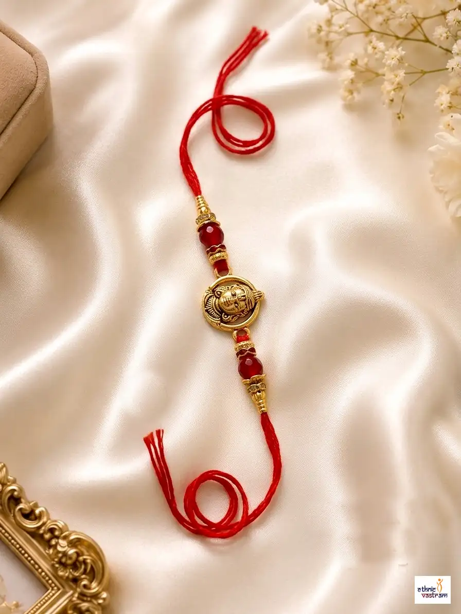Handcrafted Red Crystal Krishna Rakhi with Red Thread