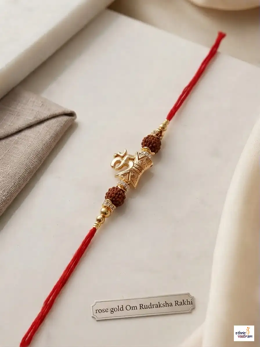 Handcrafted Rose Gold Om Rudraksha Rakhi with Red Thread